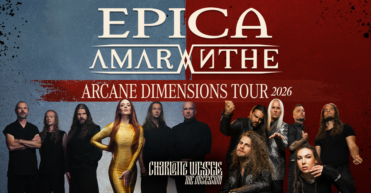 Poster der Arcane Dimensions Tour 2026 mit Epica, Amaranthe und Charlotte Wessels.