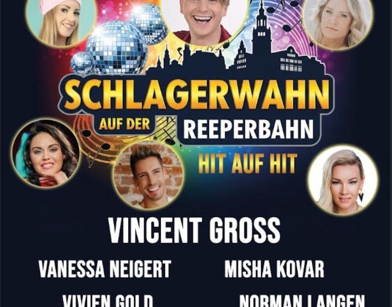 Poster für das Event 'Schlagerwahn auf der Reeperbahn' mit Bildern von Künstlern und deren Namen.