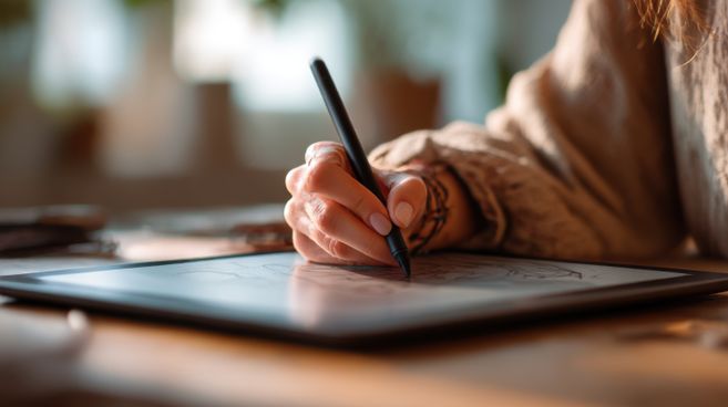 Person schreibt mit einem Stift auf einem Tablet am Schreibtisch.