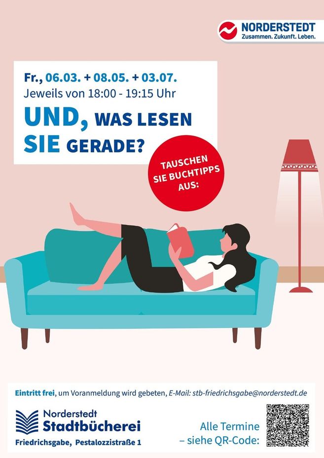 Ein Flyer der Norderstedt Stadtbücherei mit Informationen zu einer Veranstaltung zum Austausch von Buchtipps.