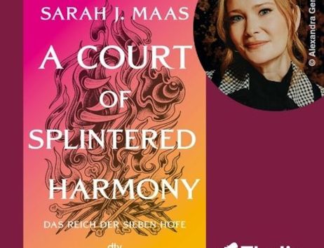 Buchcover von 'A Court of Splintered Harmony' mit einem Porträt von Sarah J. Maas und dem Thalia-Logo.