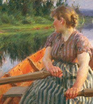 Ein Gemälde von Anders Zorn (1860–1920) mit dem Titel Mitternacht von 1891. gemalt Öl auf Leinwand mit dem Format 69 x 103 cm  aus dem Zornmuseet, Mora © Zornmuseet, Mora. Es zeigt eine Ruderin in einem gestreiften Oberteil und Rock, den Kopf nach hinten gedreht an einem Fluss