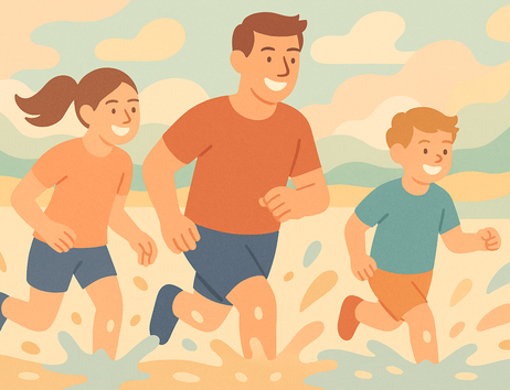 Illustration von drei Personen, die lachend durch Wasser laufen.