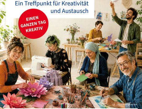 Plakat für den Kreativtag in der Stadtbücherei Norderstedt mit Menschen, die kreativ arbeiten.