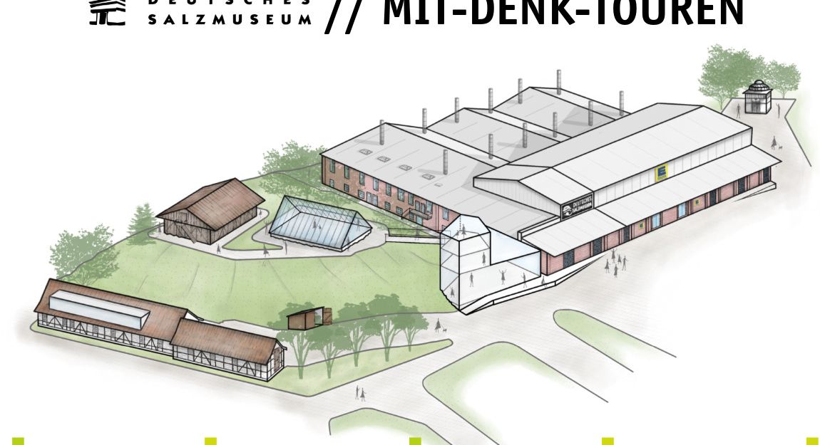 Visualisierung einer möglichen Sanierung des Deutschen Salzmuseums in Lüneburg: neben dem historischen Industriedenkmal ist am Rand des Solehügels ein neues Eingangsgebäude angedeutet, eine Brücke führt von dort zum Solehügel.