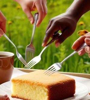 Mehrere Hände strecken Gabeln nach einem Stück Kuchen