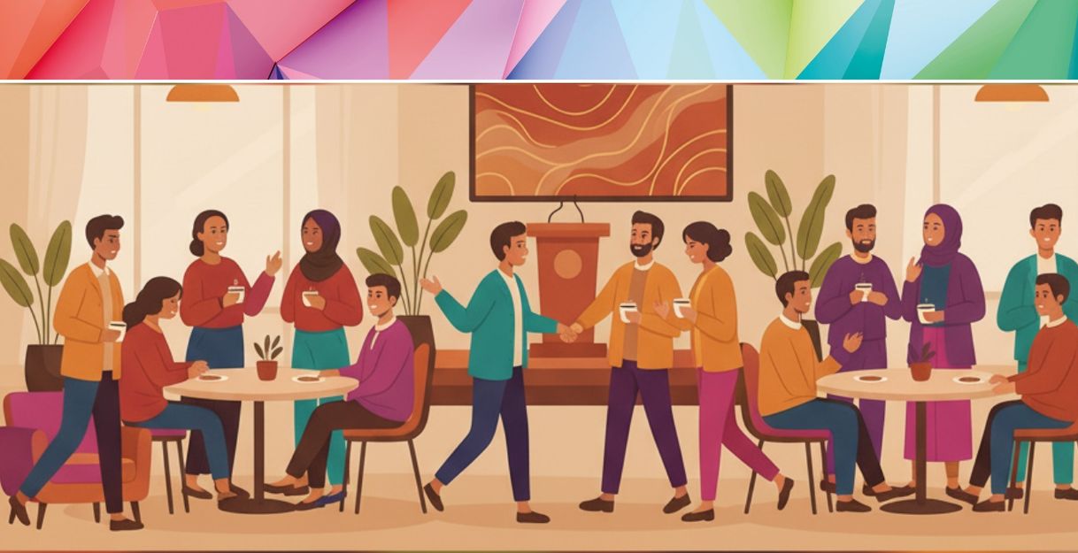 Illustration von Menschen, die sich in einem Raum versammeln, um sich zu unterhalten und Kaffee zu trinken.