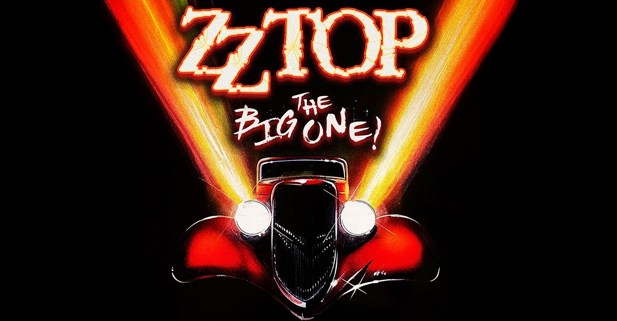 Illustration eines roten Autos mit Scheinwerfern und dem Schriftzug 'ZZ TOP The Big One!' darüber.