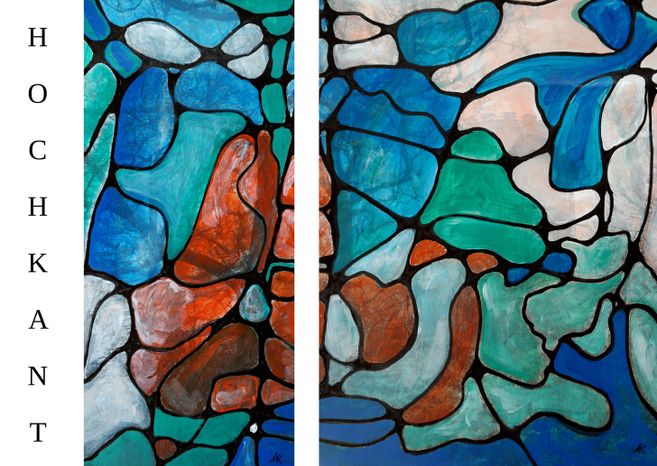 Abstrakte Farbfeldmalerei auf Druck: Blüte, Gestalten und Brillengläser können erkannt werden. Orange, blau, türkis, rosa.