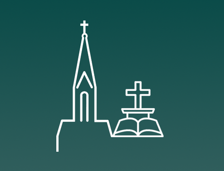 Symbolische Darstellung einer Kirche mit Kreuz und Bibel auf grünem Hintergrund.
