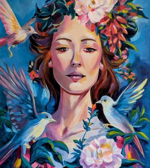Frauenportrait mit Blumen und Vögeln