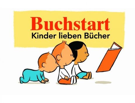 Illustration von 3 Babys bzw. Kleinkindern vor einem geöffneten Buch