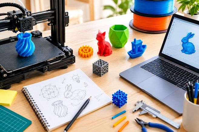3D-Druckwerkstatt mit 3D-Drucker, Laptop, Skizzenbuch und bunten gedruckten Objekten auf einem Tisch.