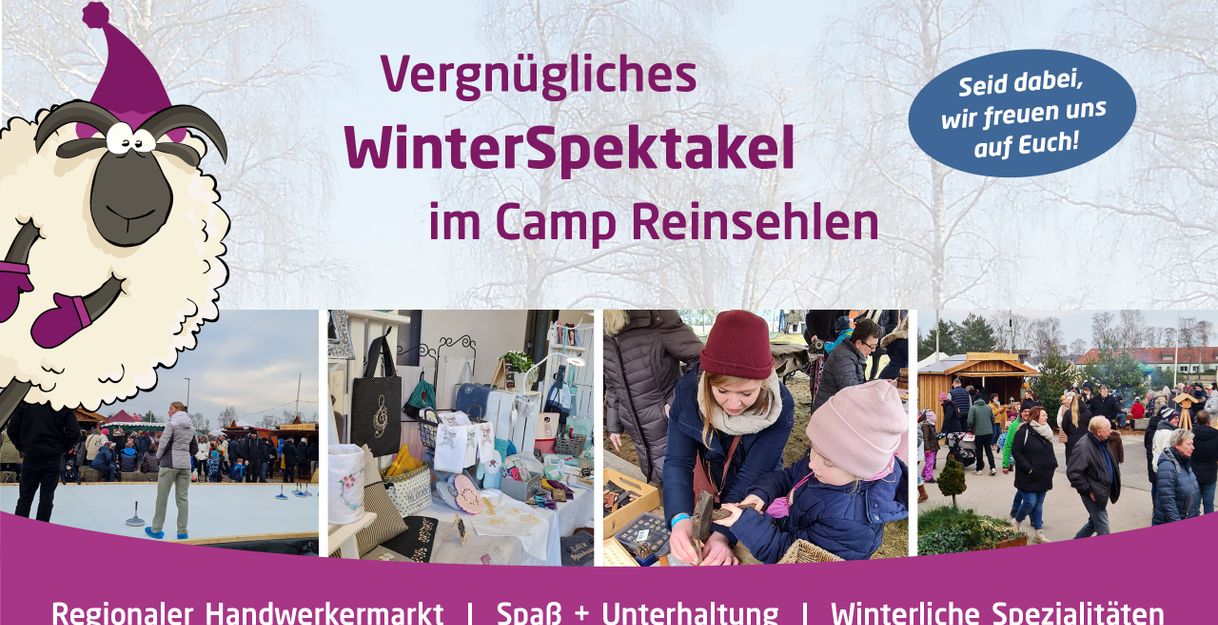 Werbung für das WinterSpektakel im Camp Reinsehlen mit Bildern von Menschen, einem Schaf und einem Handwerkermarkt.