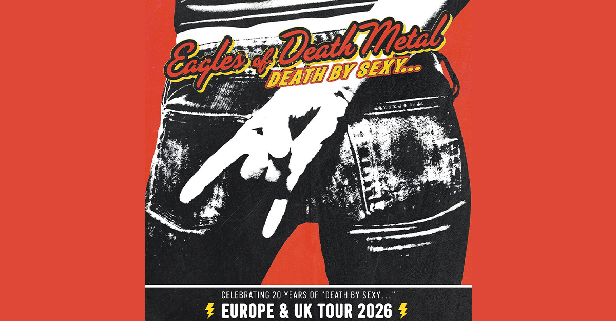 Poster der Eagles of Death Metal Tour 2026 mit Jeans und Handgeste.