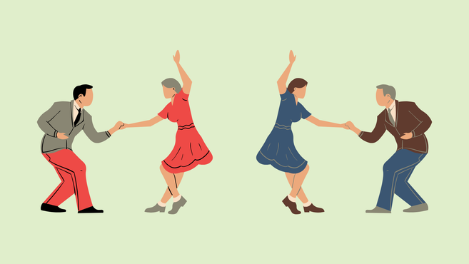 Zwei Paare tanzen im Swing-Stil auf einem hellgrünen Hintergrund.