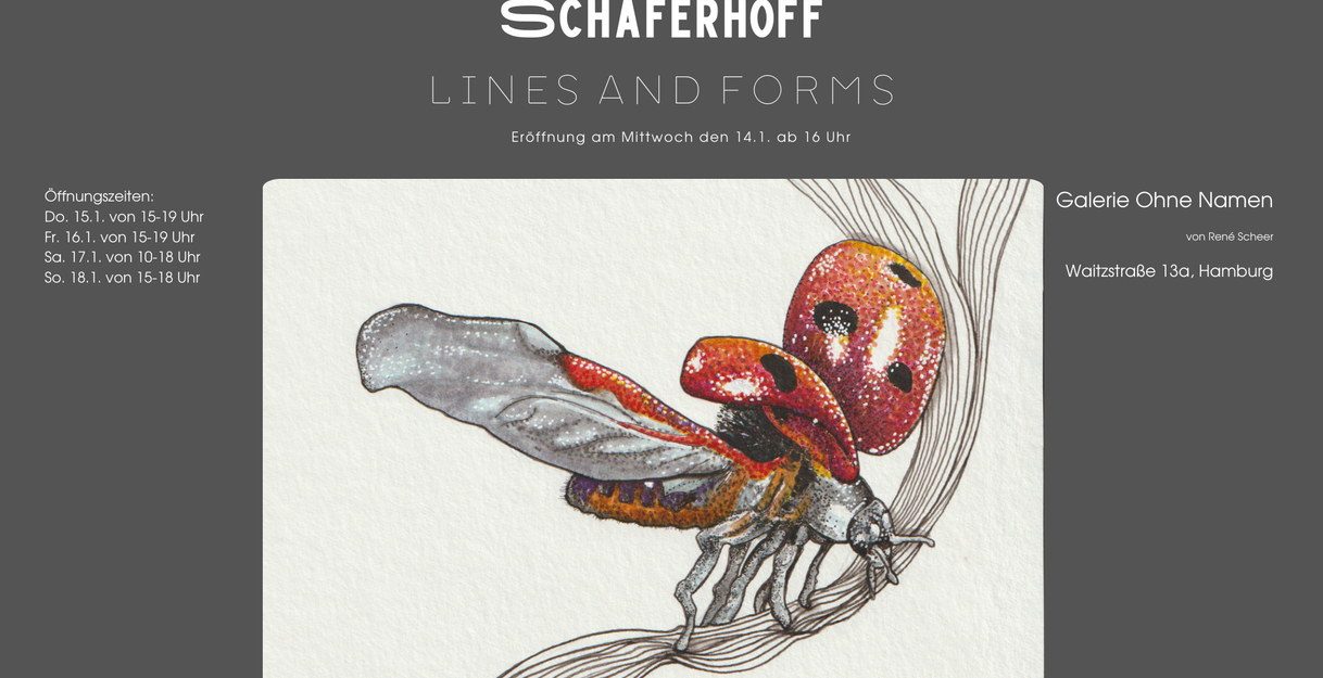 Flyer mit allen Daten und einer Arbeit von Katharina Schäferhoff, die einen Marinenkäfer zeigt.