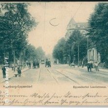 Historische Postkarte der Eppendorfer Landstraße in Hamburg mit Straßenbahn und Fußgängern.