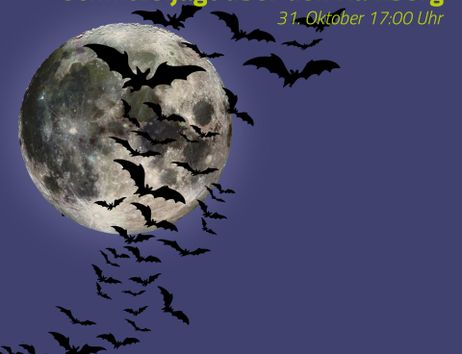 A mysterious woman in a black and red dress stands in front of a purple background with flying bats. The text announces a vampire tour on October 31 at 5:00 p.m.