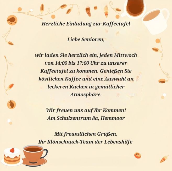 Einladung zur Kaffeetafel für Senioren mit Kaffee- und Kuchenmotiven.