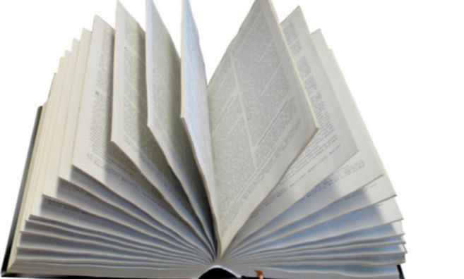 Ein aufgeschlagenes Buch mit sichtbarem Text auf weißem Hintergrund.