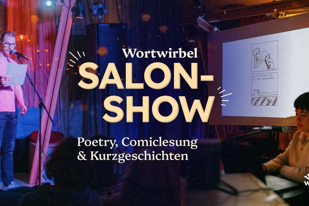Ein Poetry Slammer steht auf der Bühne und eine Comiczeichnerin sitzt an ihrem Laptop vor einer Projektion ihres Comics, den sie gerade vorliest