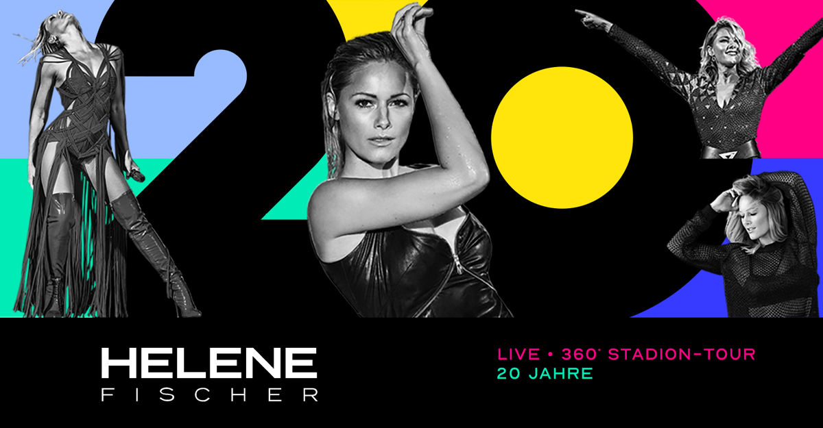 Werbung für Helene Fischers 360° Stadion-Tour 2026 mit mehreren Bildern der Sängerin und bunten grafischen Elementen.