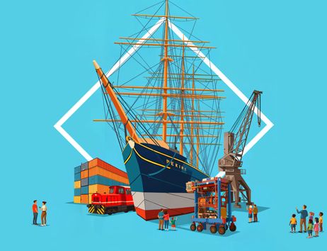 Grafik auf himmelblauem Hintergrund mit Segelschiff, Containern, Hafenkränen und beobachtenden Menschen
