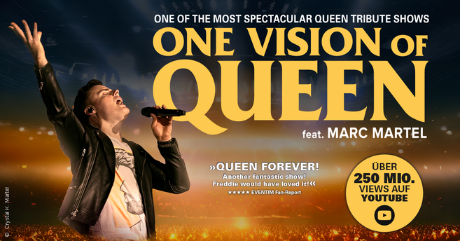 Plakat für die Queen Tribute Show 'One Vision of Queen' mit einem Sänger in Lederjacke und Mikrofon.