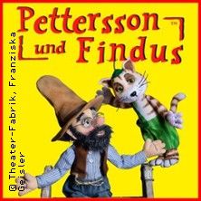 Pettersson und Findus Figurentheater mit Puppen von Pettersson und Findus vor gelbem Hintergrund.