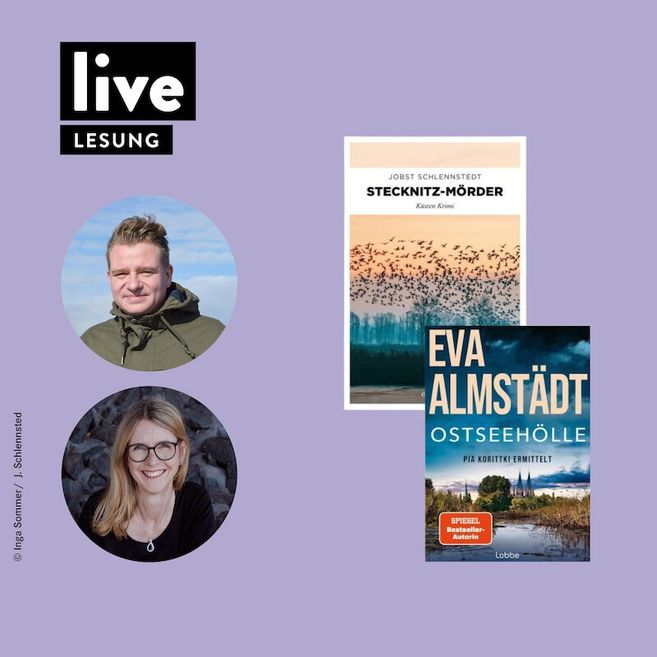 Zwei Buchcover und Porträts von zwei Autoren auf lila Hintergrund mit dem Text 'live Lesung'.