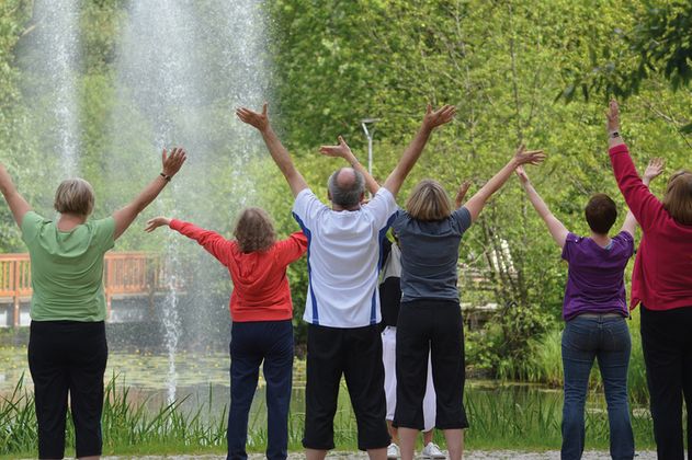 Gruppe von Menschen, die im Freien Qigong-Übungen machen.