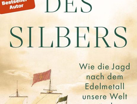 Buchcover von 'Die Spur des Silbers' mit Segelschiffen und Text über die Jagd nach Edelmetall.