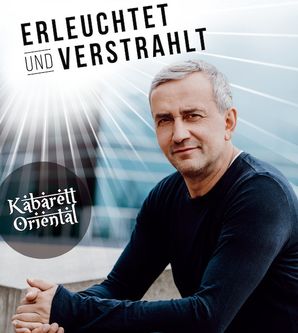 Plakat von Kerim Pamuk mit dem Titel 'Erleuchtet und Verstrahlt - Kabarett Oriental'.