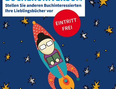 Plakat der Norderstedt Stadtbücherei mit einer Rakete und Sternen im Hintergrund.