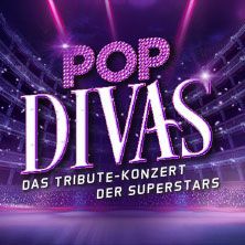 Logo des Tribute-Konzerts 'Pop Divas' mit lila und pinken Lichtern.