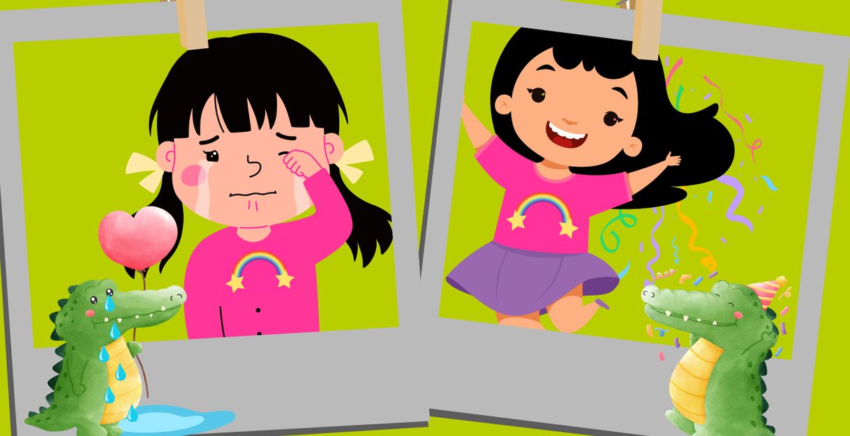 Zeichentrickfigur-Mädchen auf Polaroidbildern einmal fröhlich, einmal weinendzu sehen