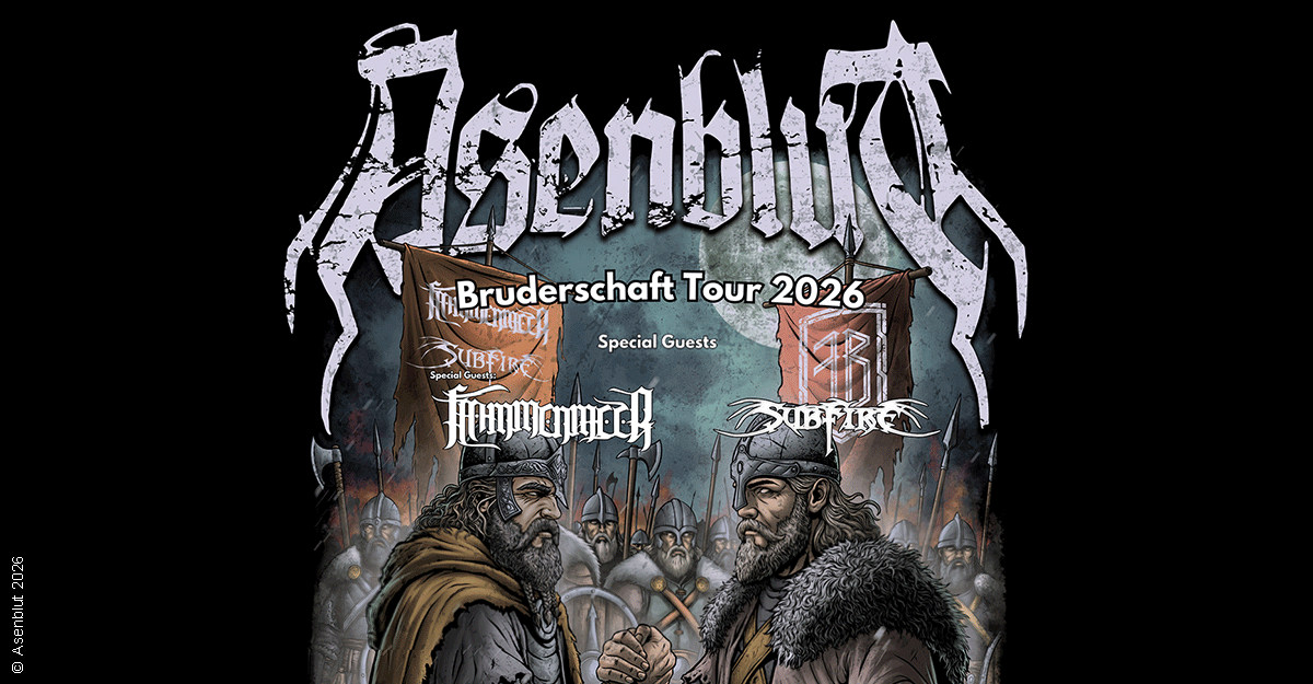 Poster der Asenblut Bruderschaft Tour 2026 mit Kriegern und Bannern im Hintergrund.