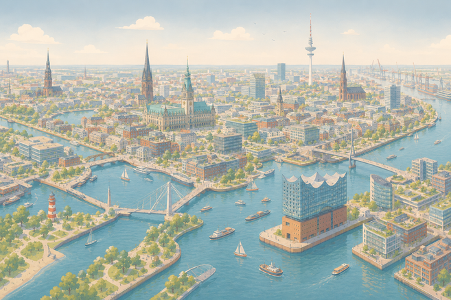 Illustration von Hamburg mit der Elbphilharmonie im Vordergrund und weiteren markanten Gebäuden im Hintergrund.