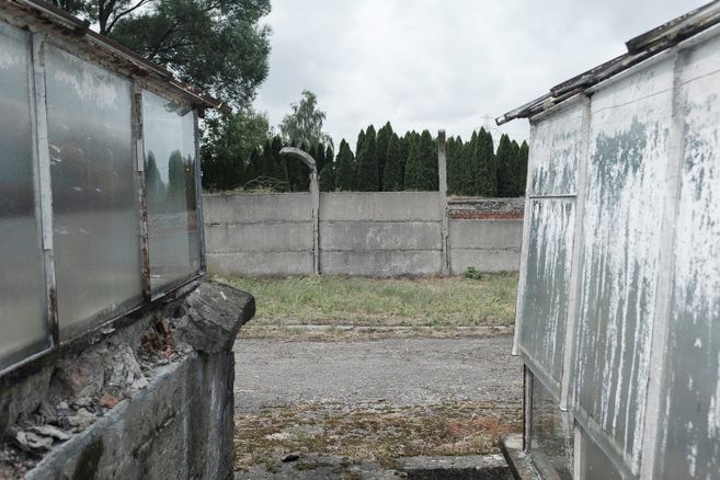 Ort des früheren Außenlagers Raisko des KZ Auschwitz in Polen. Mauerreste und Zaunpfähle. 