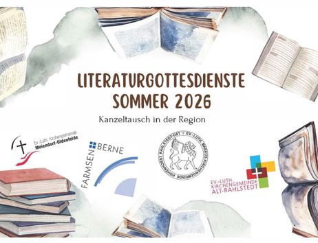 Plakat für Literaturgottesdienste im Sommer 2026 mit Büchern und Logos von Kirchengemeinden.