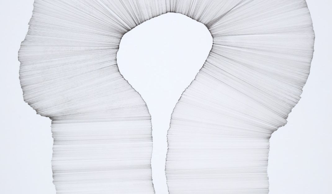 Abstrakte Zeichnung mit feinen Linien, die eine geschwungene Form bilden.