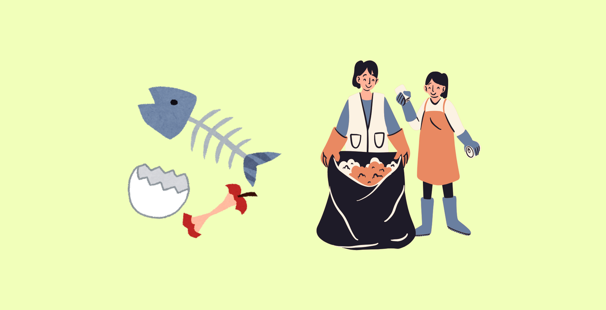 Illustration von zwei Personen, die Müll sammeln, mit einem Müllsack und Abfall wie Fischgräten und Apfelresten.