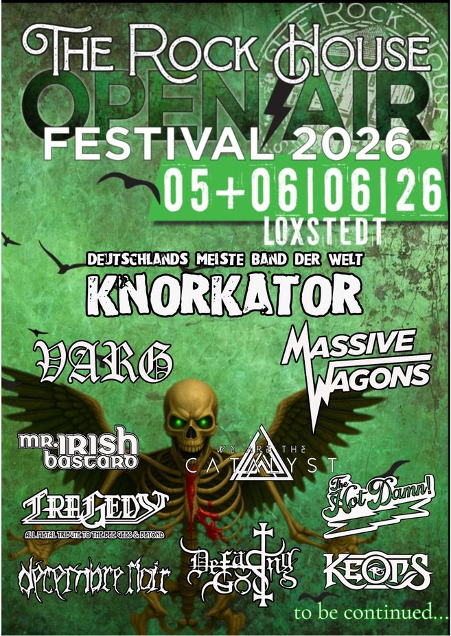 Poster für das Rock House Open Air Festival 2026 mit Bandnamen und einem Skelett auf grünem Hintergrund.