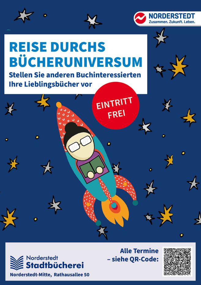 Plakat der Norderstedt Stadtbücherei mit einer Rakete und Sternen im Hintergrund.