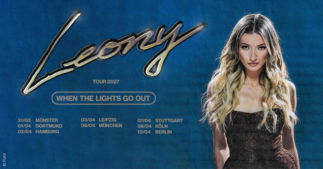 Poster der Leony Tour 2027 mit Tourdaten und Bild einer Frau mit langen, blonden Haaren vor blauem Hintergrund.