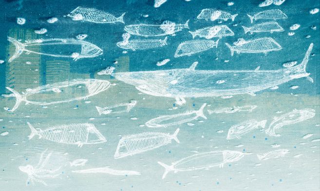 Eine Zeichnung auf der ein Fischschwarm zu sehen ist