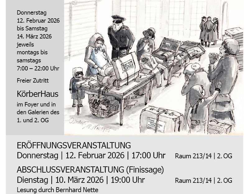 Zeichnung. Ein Soldat kontrolliert den Koffer einer alten Frau.