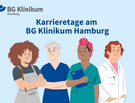 Veranstaltungsbanner: Karrieretag am BG Klinikum Hamburg, illustriert mit Figuren verschiedener Berufsgruppen.