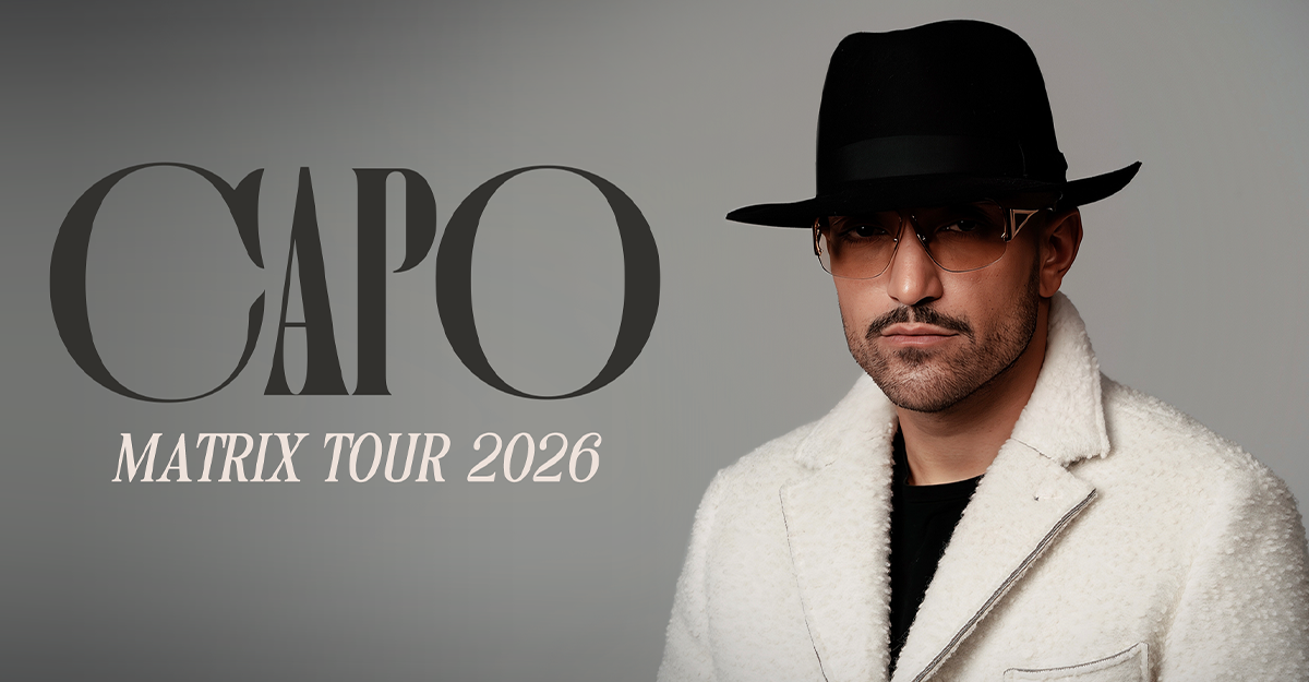 Ein Mann mit Hut und Sonnenbrille in einem weißen Mantel neben dem Schriftzug 'Capo - Matrix Tour 2026'.
